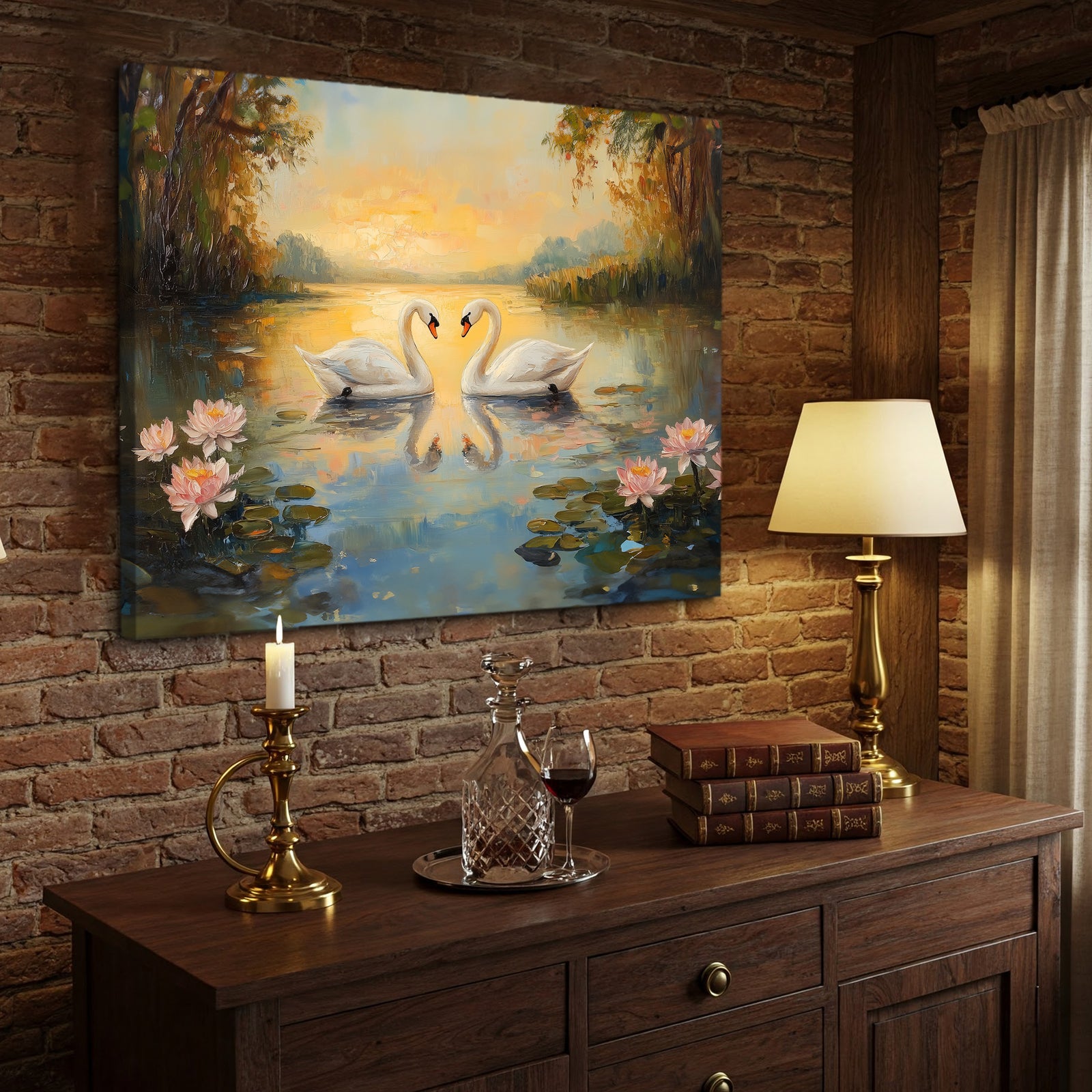 Swan Serenity – Romantic Oil Painting Canvas Wall Art