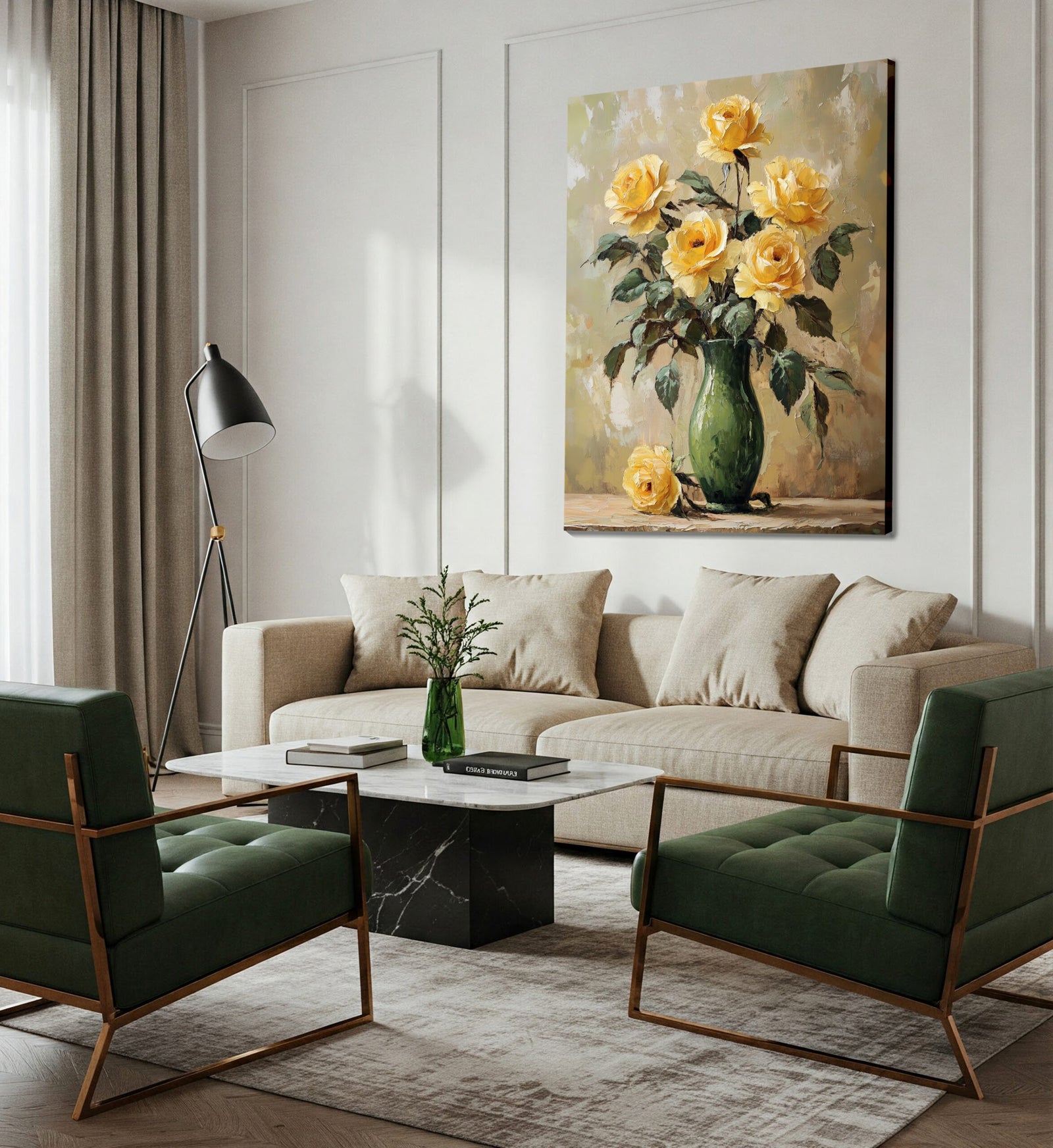 Yellow Roses in a Green Vase - Vintage Oil Painting Canvas Print