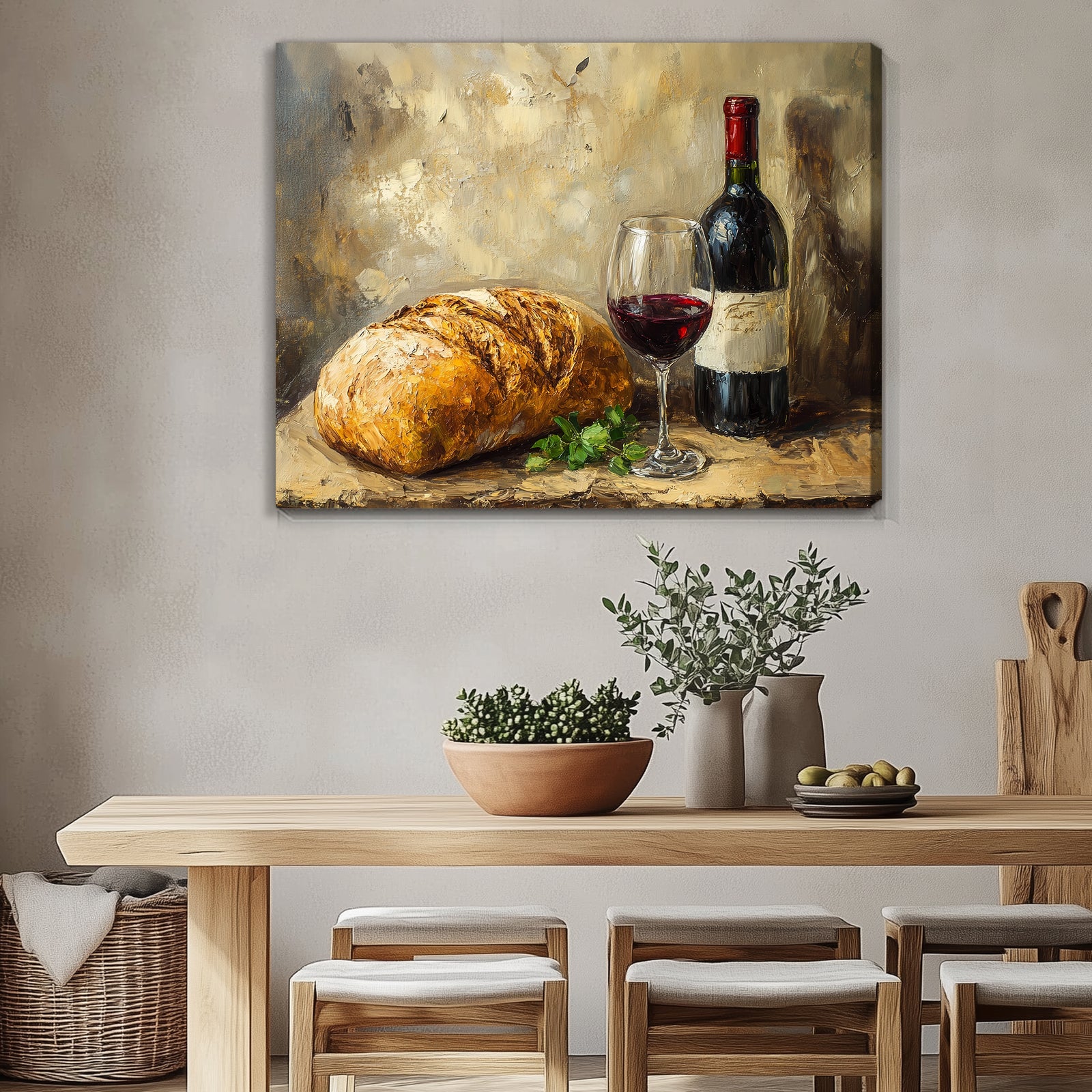 Bread and Red Wine - Vintage Oil Painting Canvas Wall Art