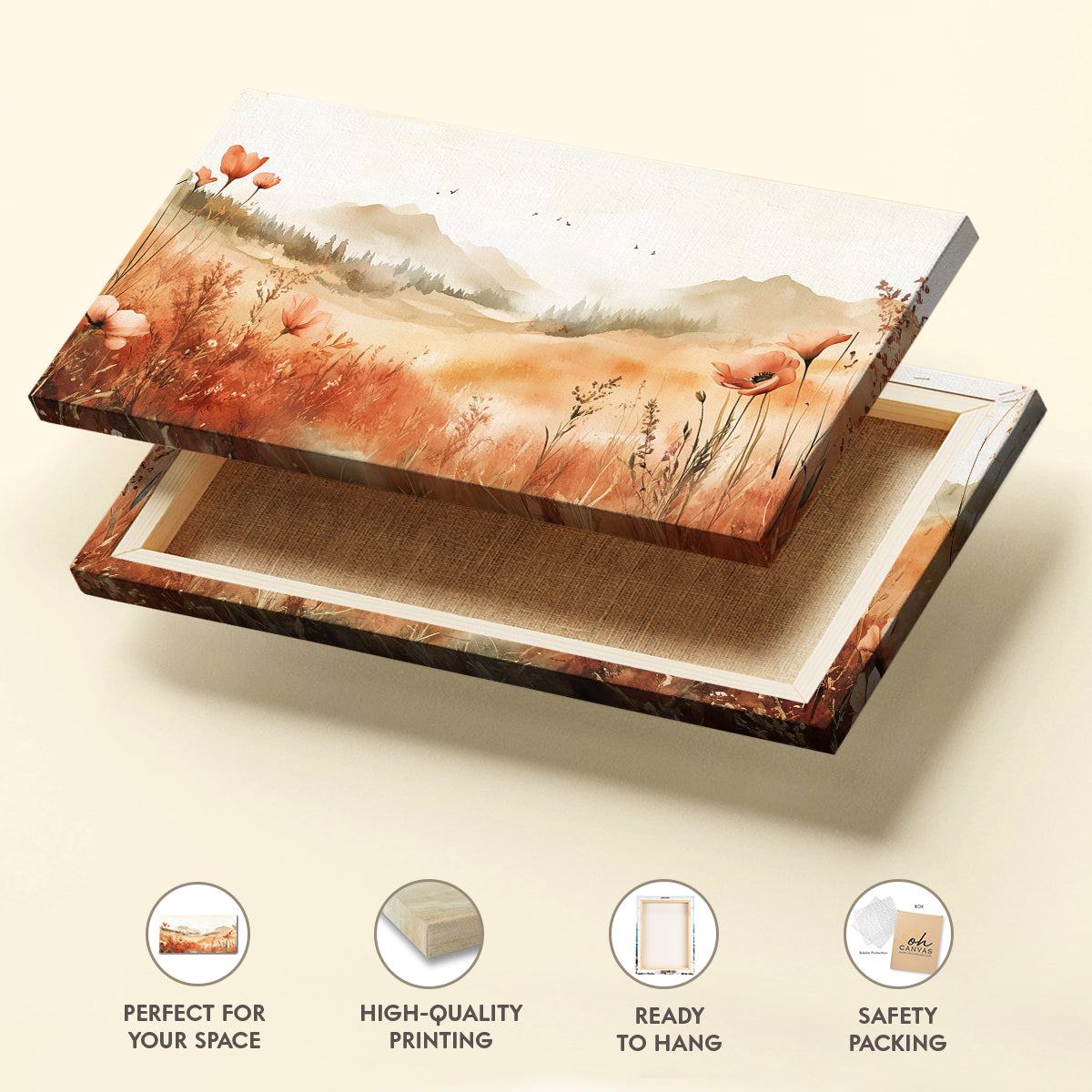 Boho Watercolor Floral Landscape Canvas Wall Art