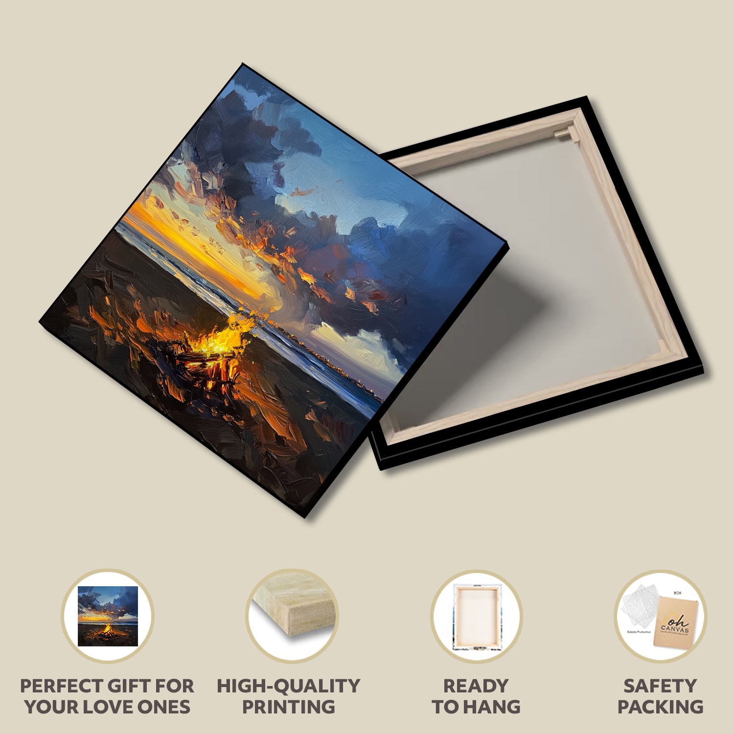 Sunset Campfire Beach Wall Art Oil Painting Canvas