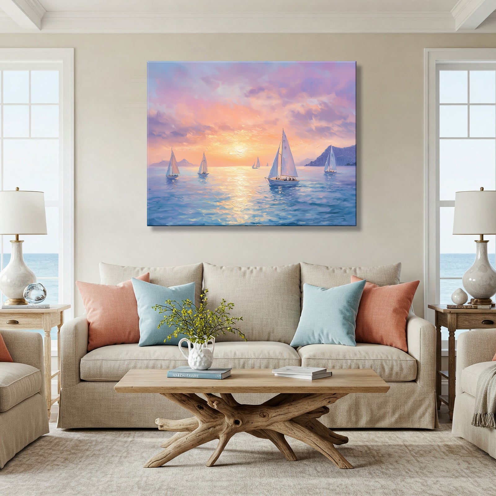 Sailboats Floating on Vast Sea fineart Canvas Print