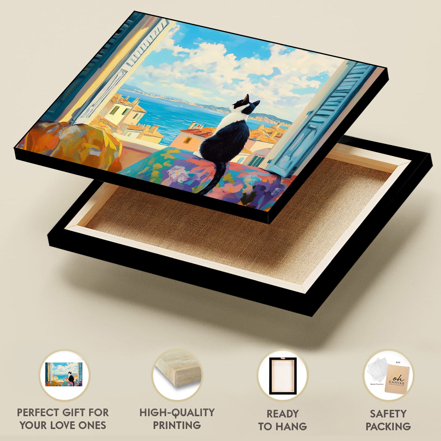 Black And White Cat On Window Canvas Wall Art Print