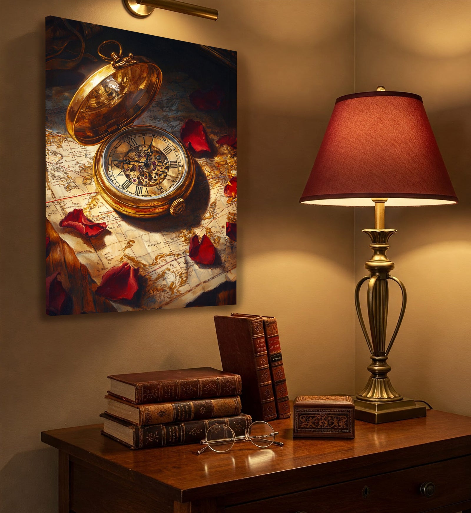 Vintage Pocket Watch and Old Map Oil Painting Canvas Wall Art