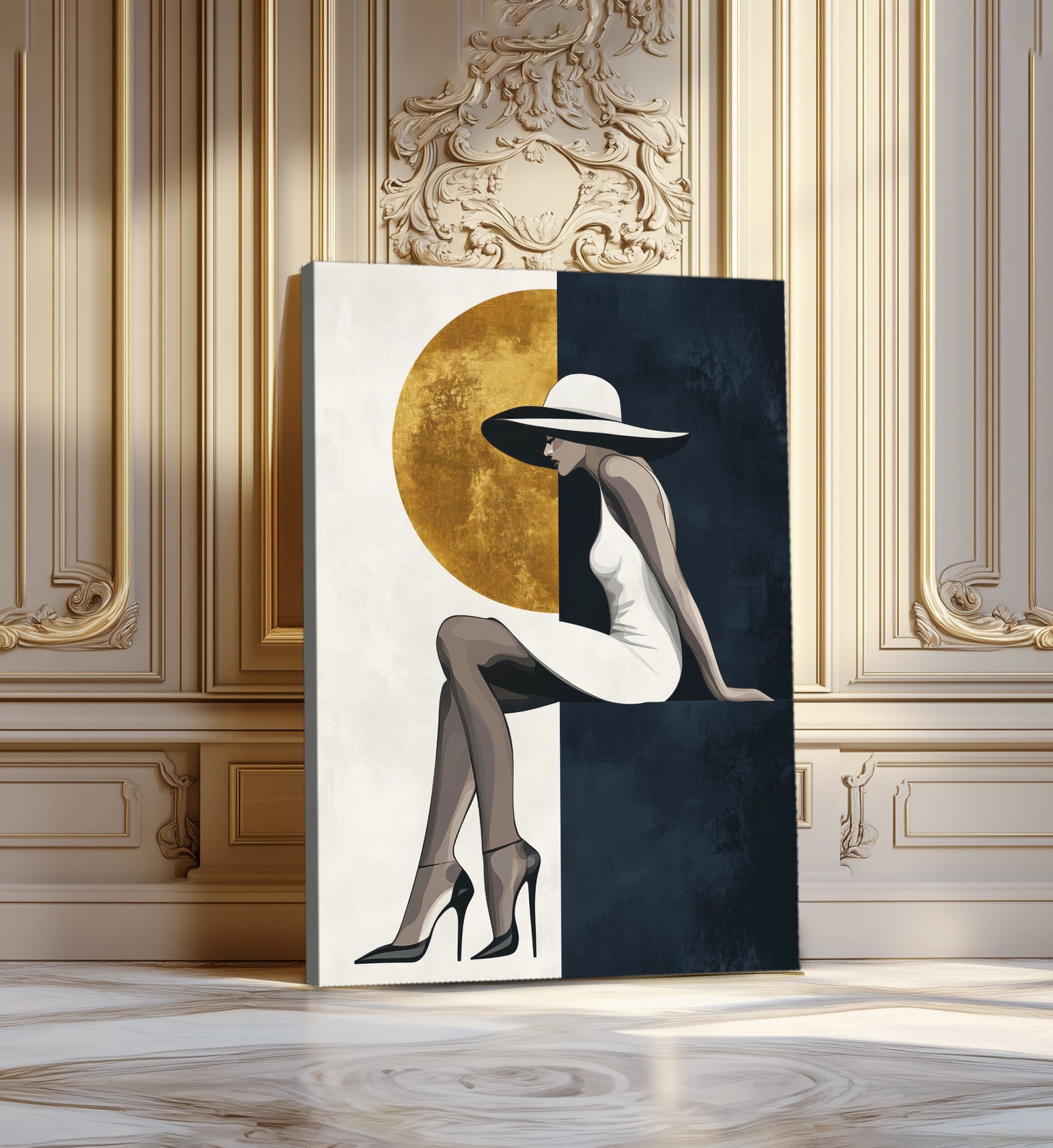 Modern Minimalist Woman and Gold Moon Wall Art Canvas
