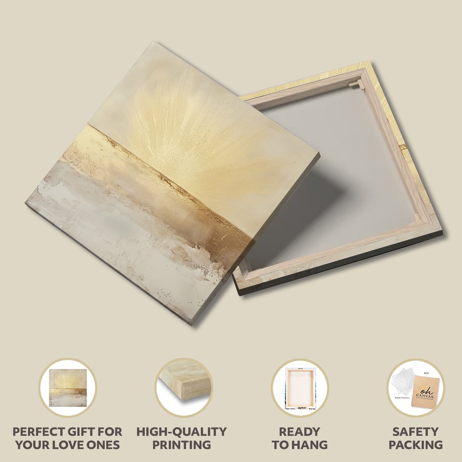Golden Light Rays on Beige Horizon Abstract Canvas Print