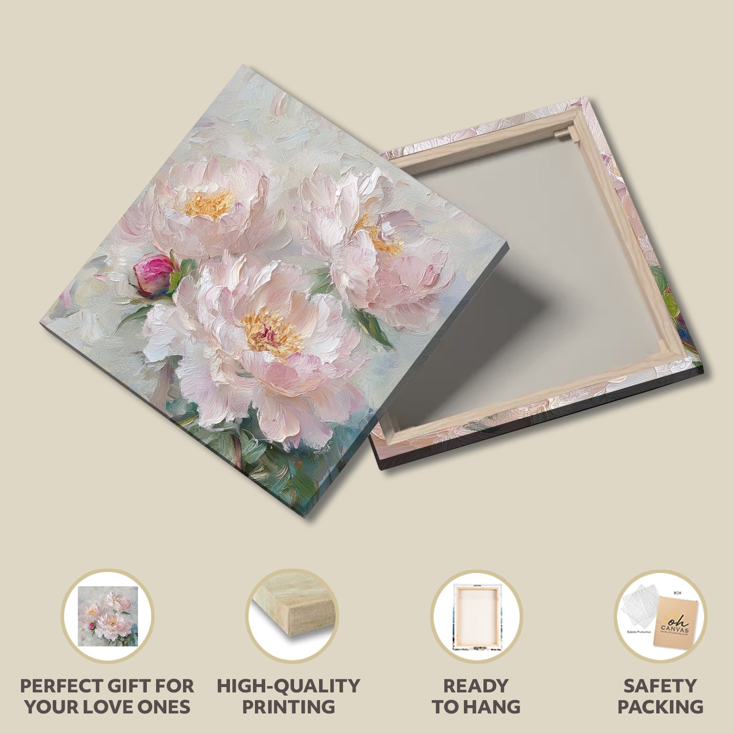 Soft Peonies in Bloom Canvas Art with Oil-Painted Texture