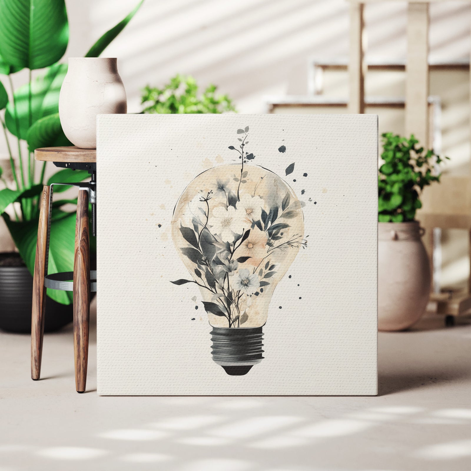 Blooming Lightbulb Minimalist Botanical Canvas Wall Art