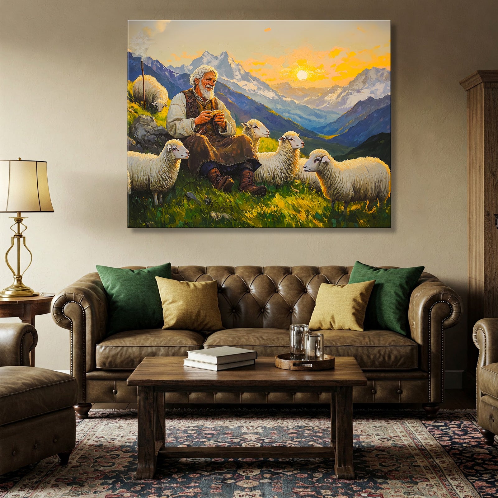 Shepherd and Sheep Pastoral Canvas in Vintage Oil Style