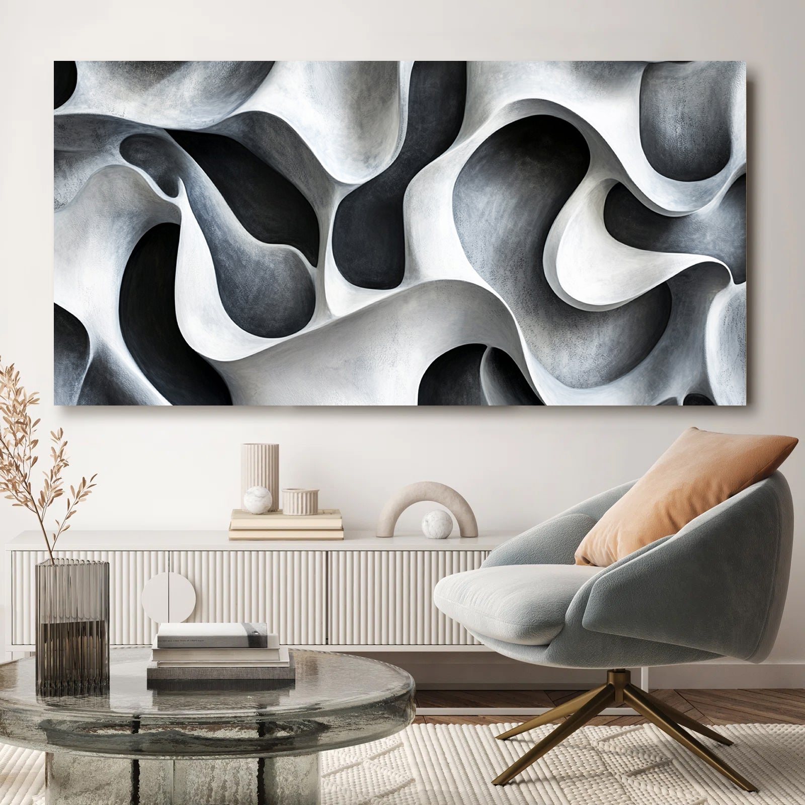 Fluid Forms Monochromatic Abstract Canvas Wall Art for Living Room