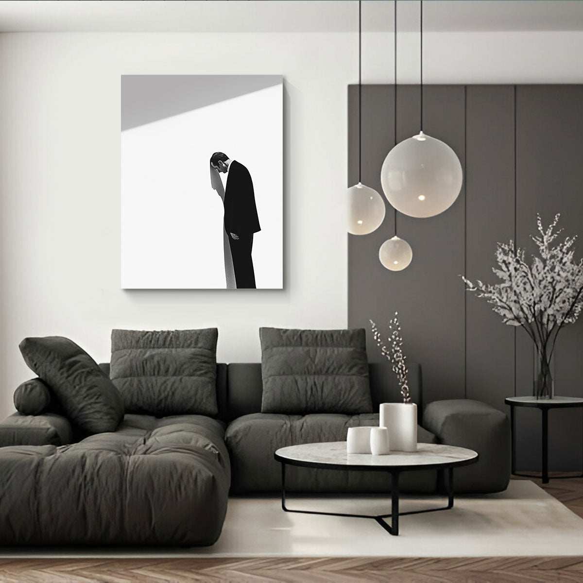 Sad Man Shadow Contemplative Black And White Wall Art