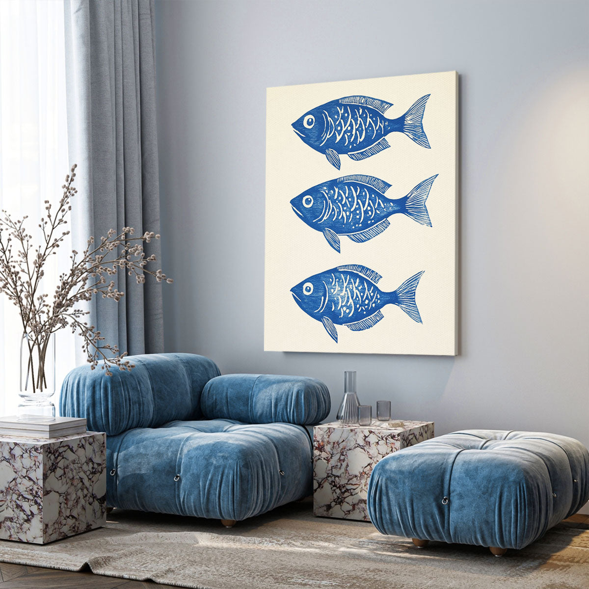 Indigo Fish Trio Modern Wall Artwork
