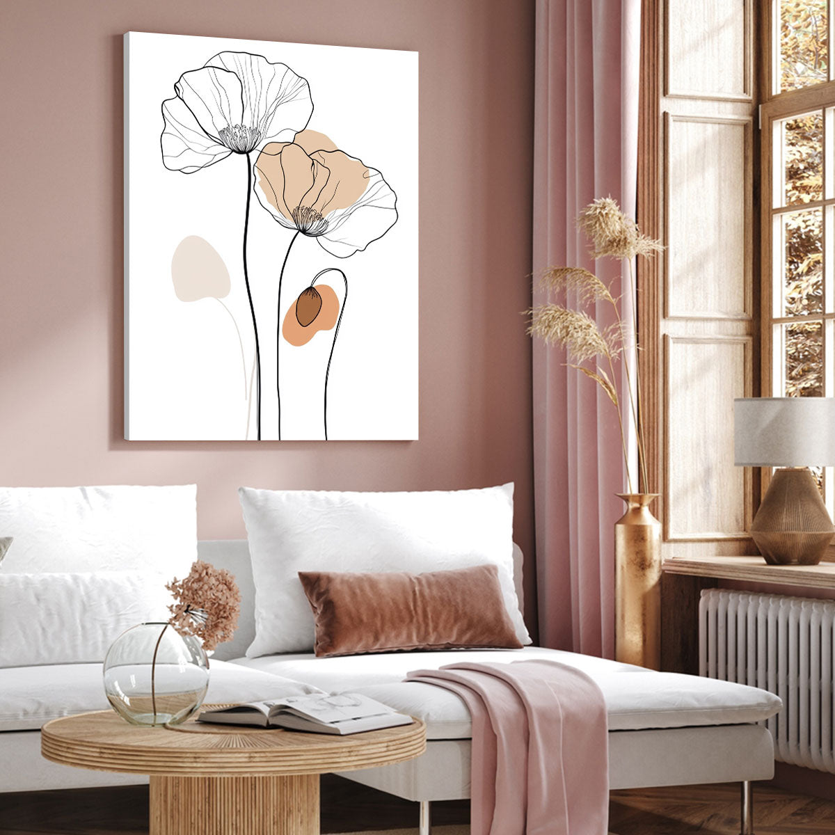 One-Line Poppy Flower Canvas Wall Art – Minimalist Floral Line Drawing Print