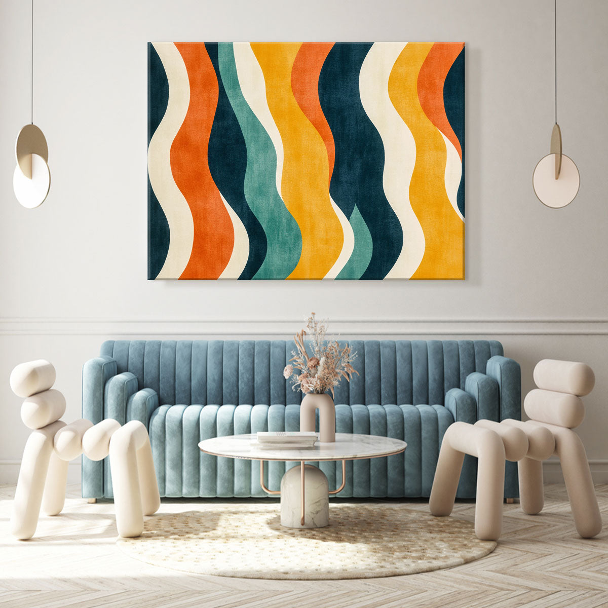 Retro Wavy Lines 70s Boho Wall Decor in Warm Muted Tones