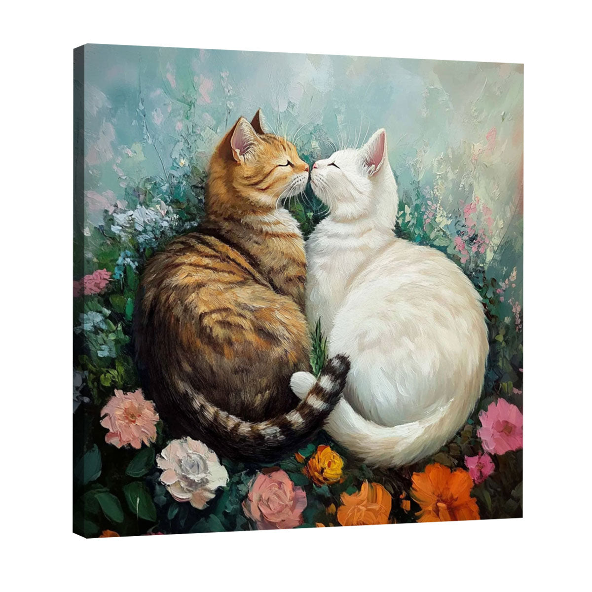 Romantic Cat Duo in Floral Garden – Oil Canvas Wall Art