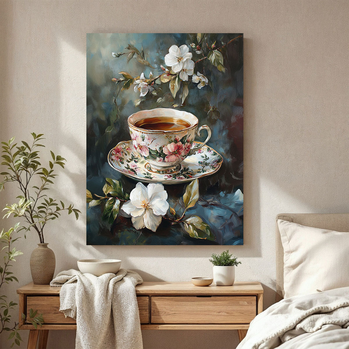 Vintage Floral Teacup Oil Painting Canvas Wall Art