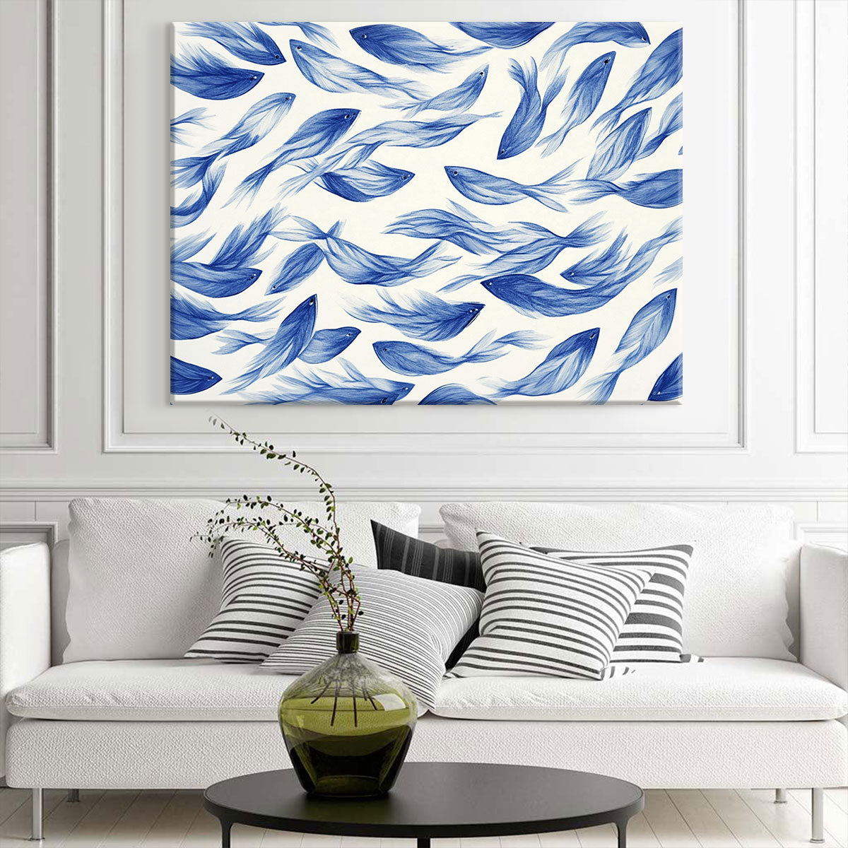 Blue Flowing Fish Horizontal Canvas Abstract Wall Art
