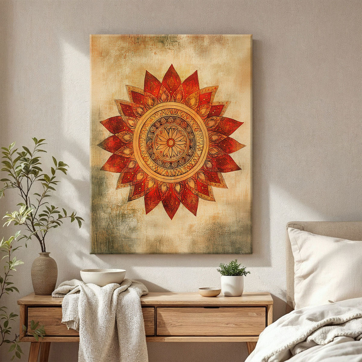 Boho Mandala Canvas Wall Art - Warm Tribal Sunflower Decor