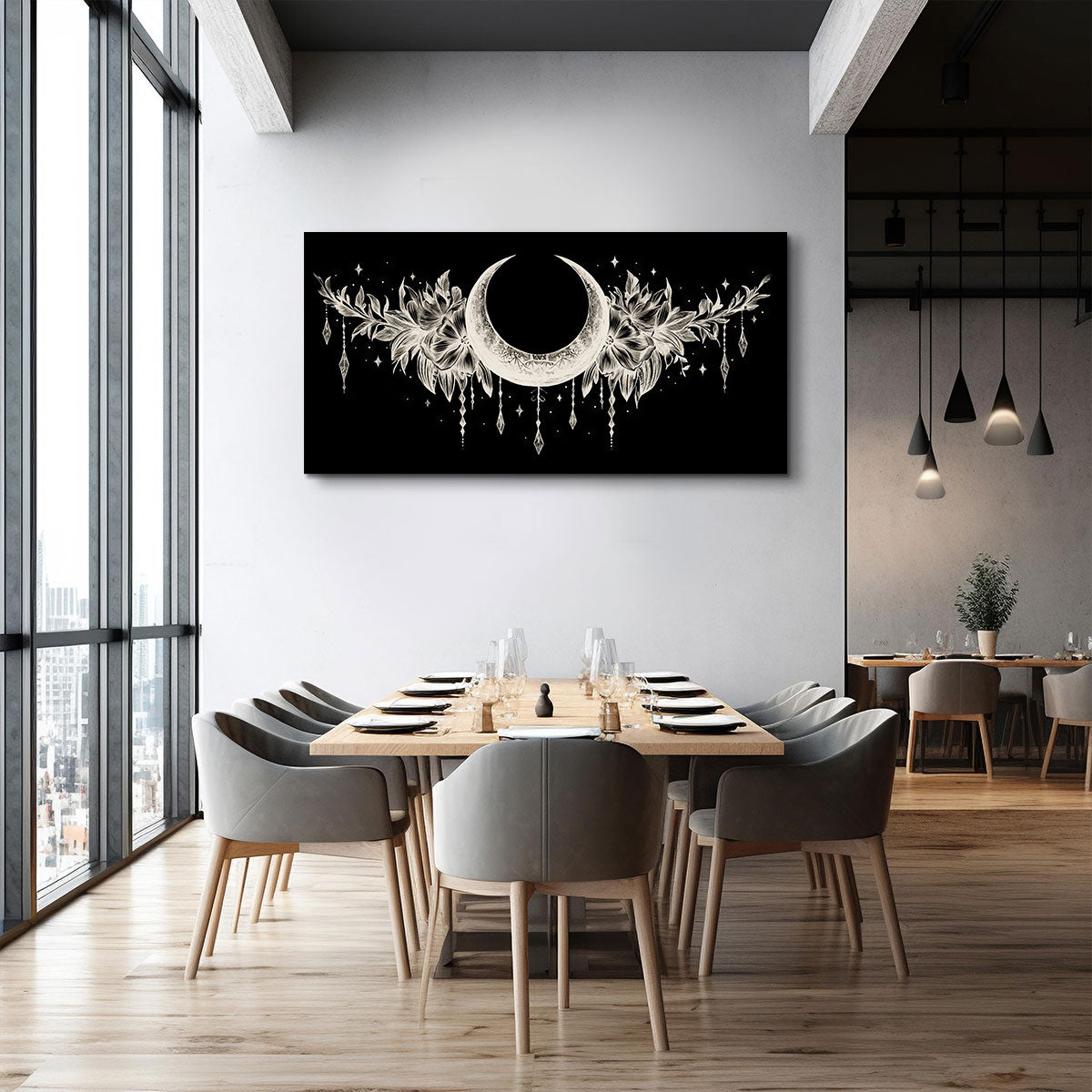 Crescent Moon and Floral Line Art Boho Canvas Wall Decor