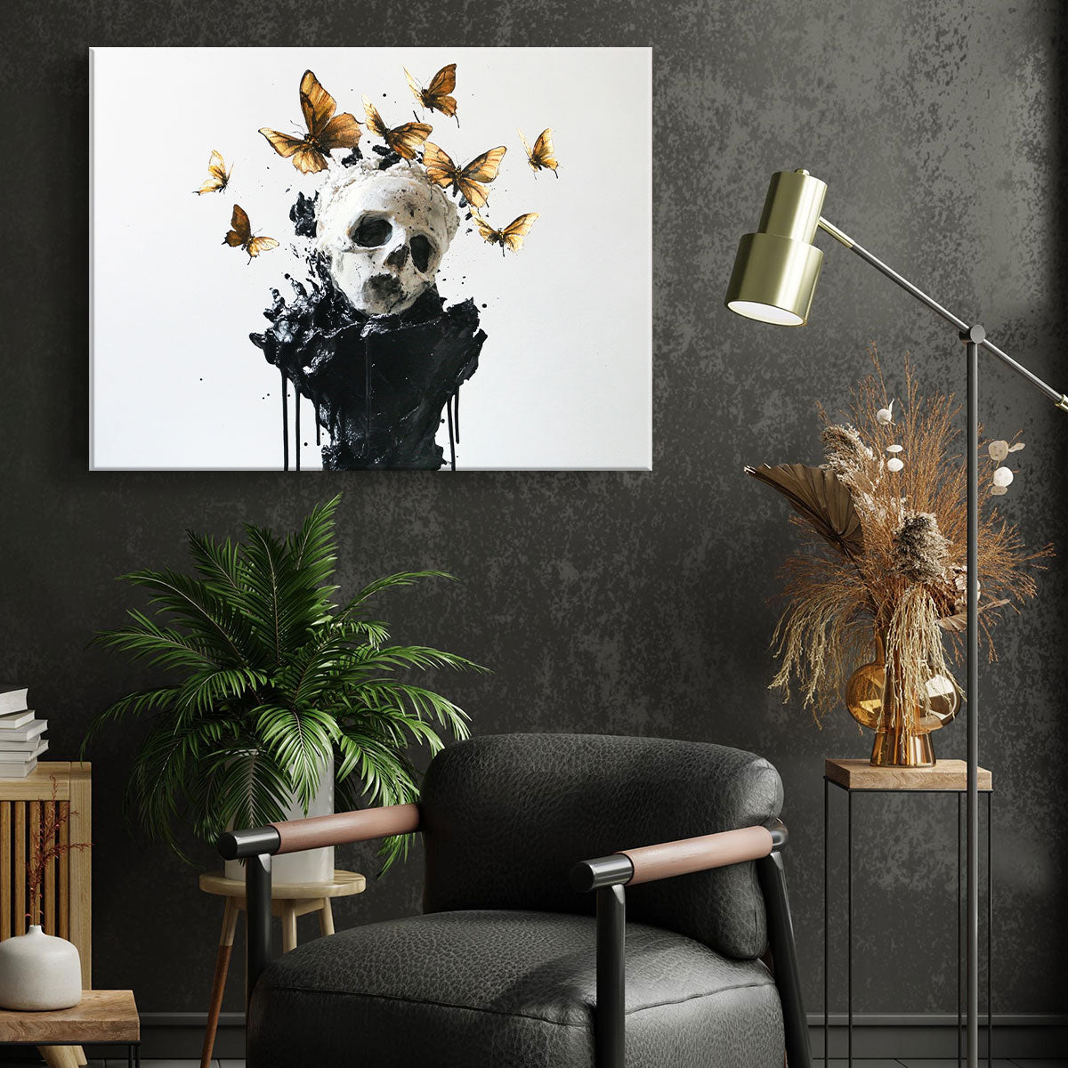 Butterflies Skull Sculpture Minimalist Watercolor Art Wall