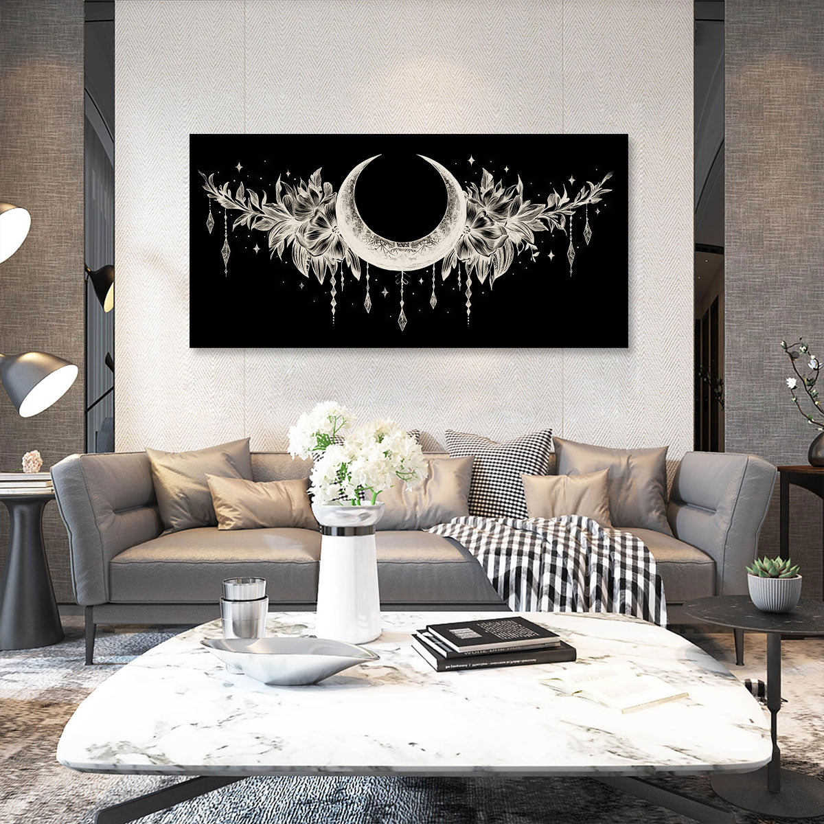 Crescent Moon and Floral Line Art Boho Canvas Wall Decor