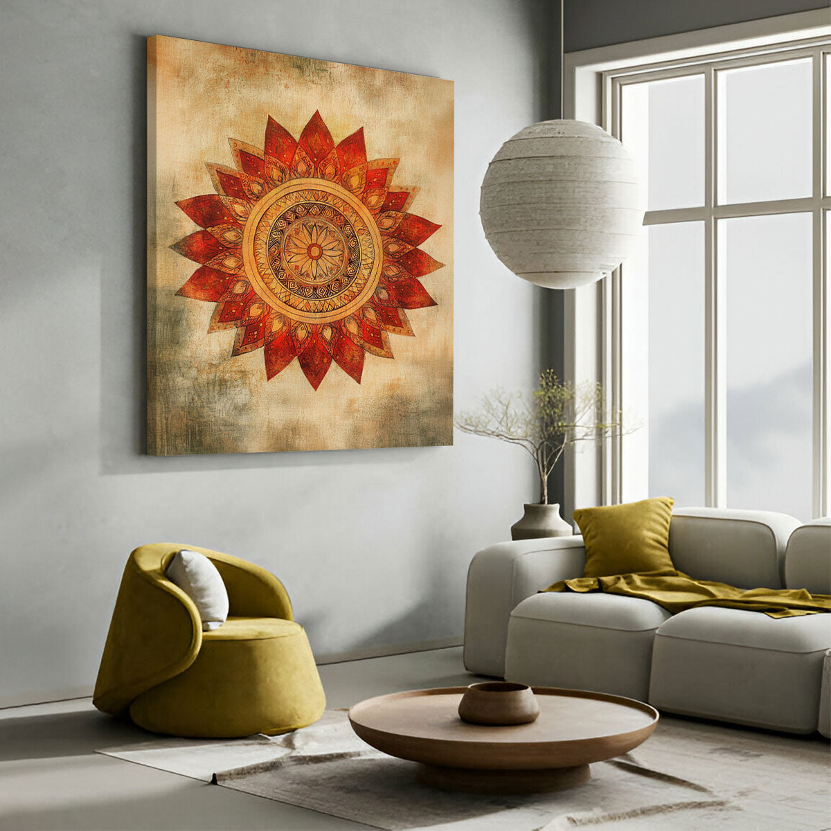 Boho Mandala Canvas Wall Art - Warm Tribal Sunflower Decor