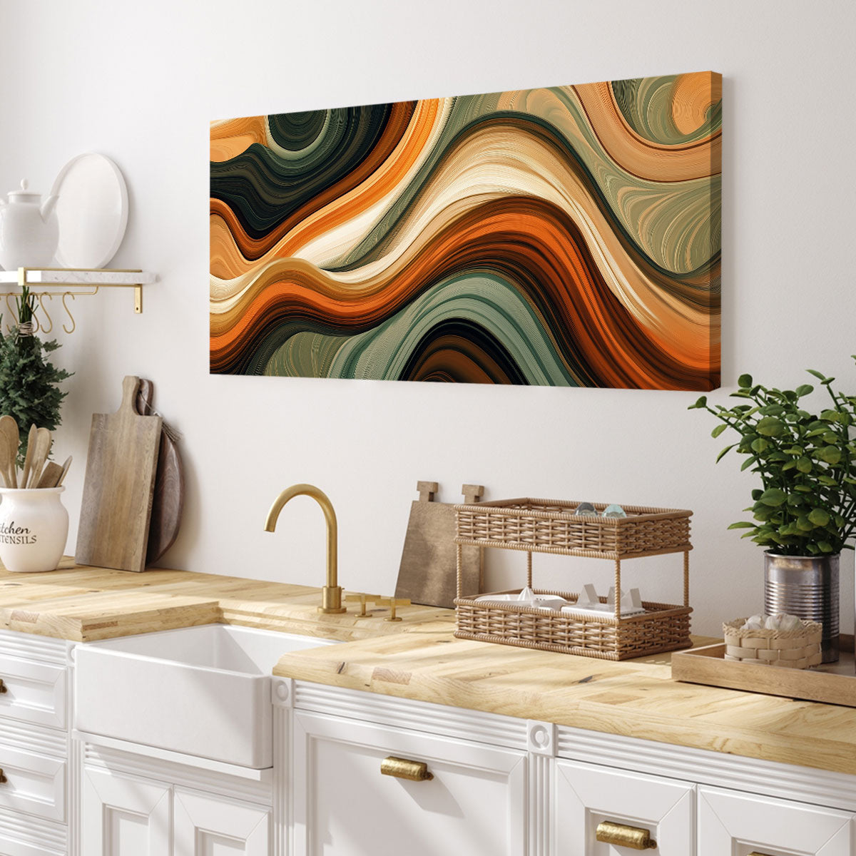 Wavy Earth-Toned Abstract Boho Canvas Wall Art Decor