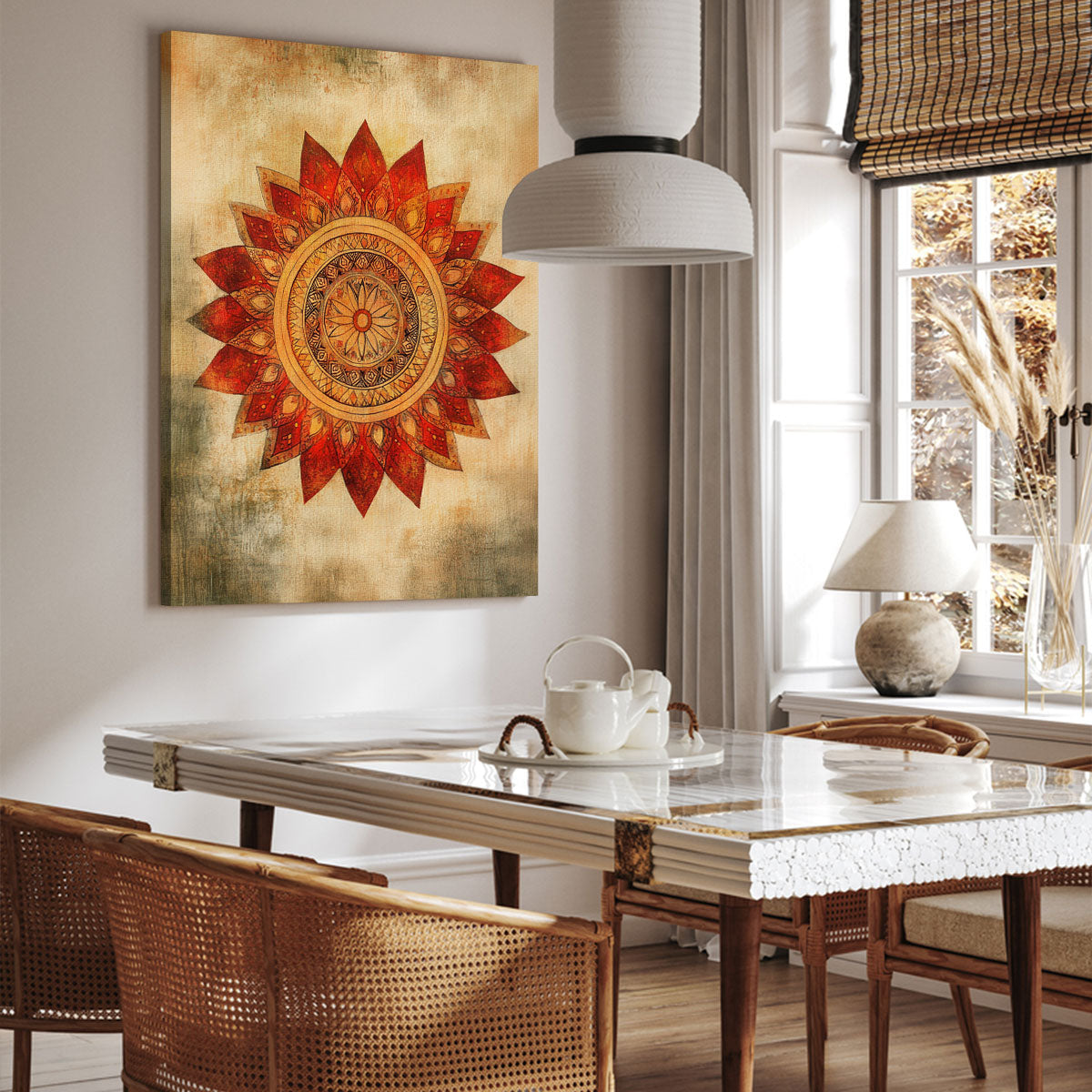 Boho Mandala Canvas Wall Art - Warm Tribal Sunflower Decor