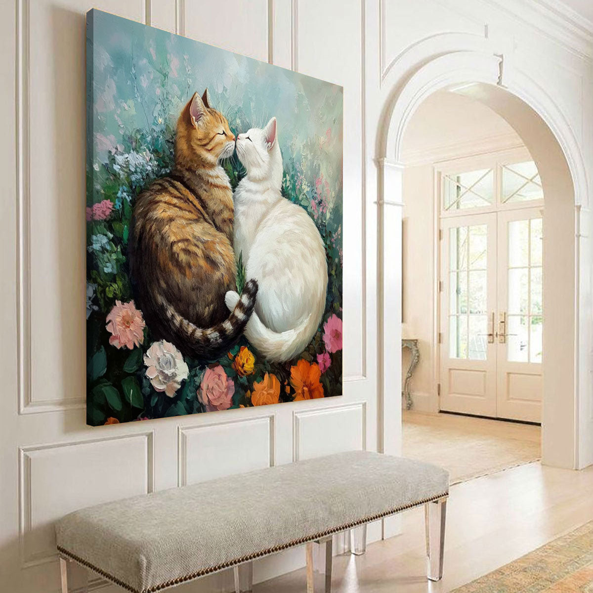 Romantic Cat Duo in Floral Garden – Oil Canvas Wall Art