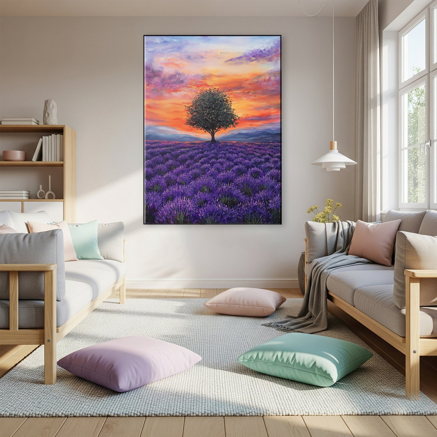 Lavender Field with Tree in Bloom Nature Artwork