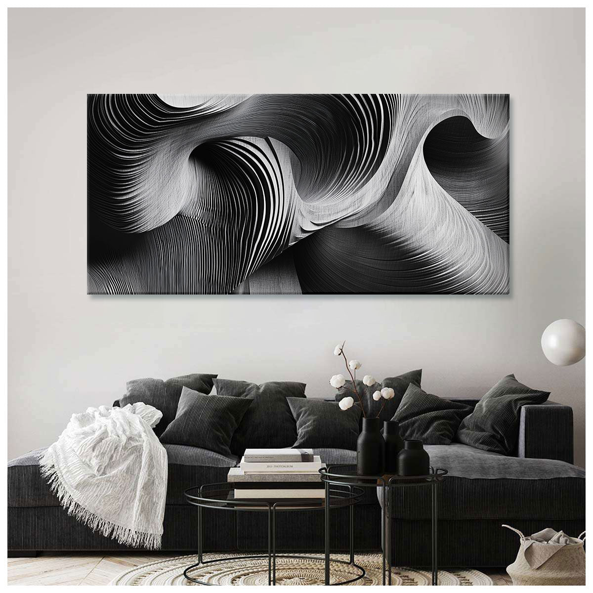 Waves Monochromatic Abstract Canvas Wall Art for Living Room