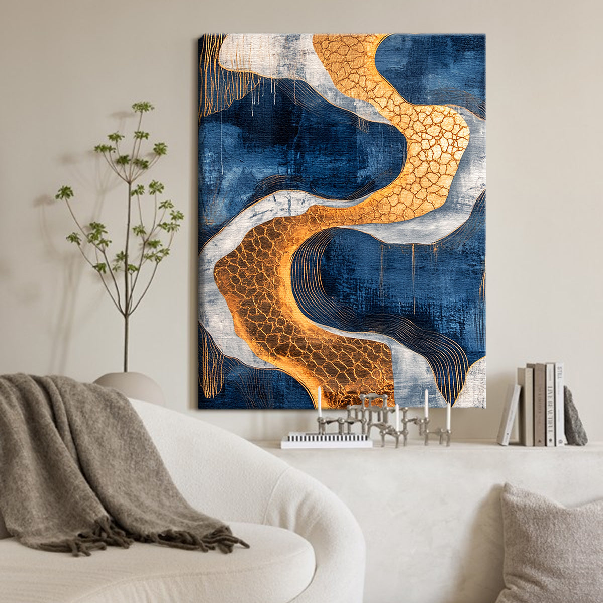 Golden Currents Modern Abstract Canvas Wall Art