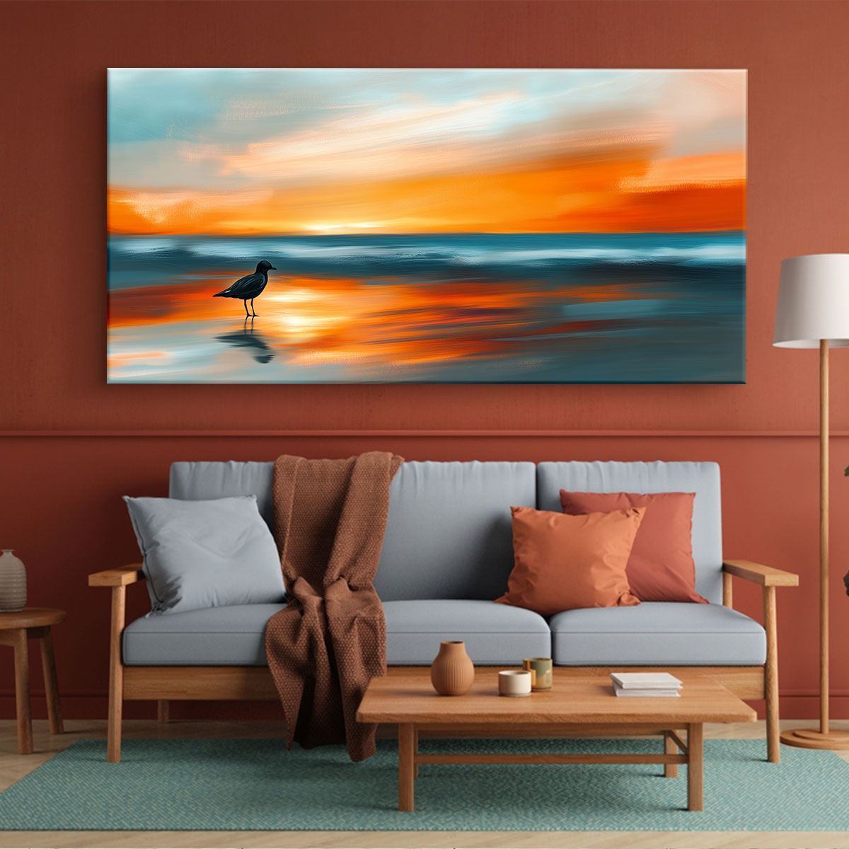 Lone Bird Under Sunset Beach Wall Art