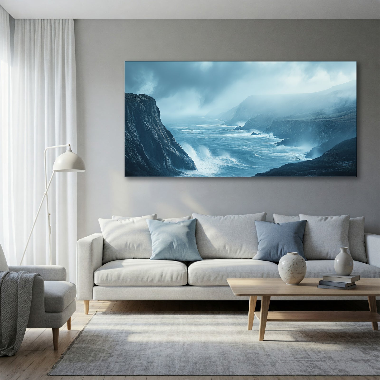 Coastal Cliffside and Waves Canvas in Earthy Tones