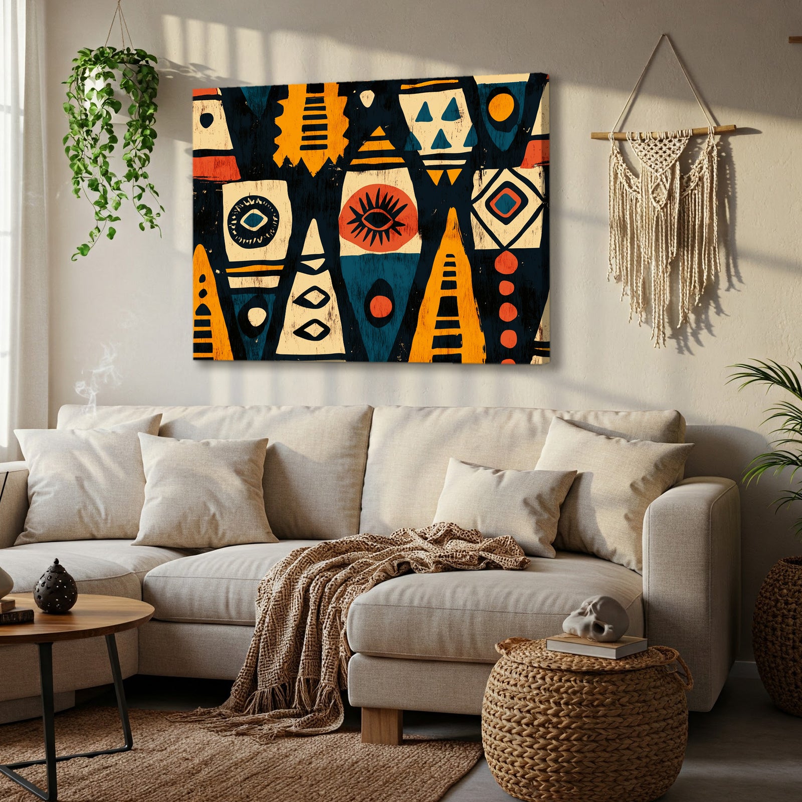 African Tribal Pattern Boho Wall Art in Bold Earth Tones