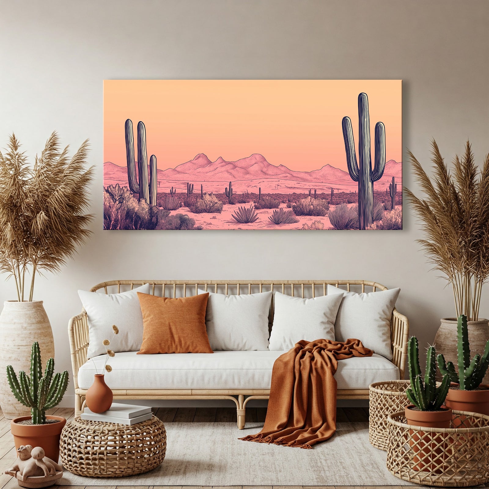 Boho Desert Cactus Line Art at Dusk with Warm Tones