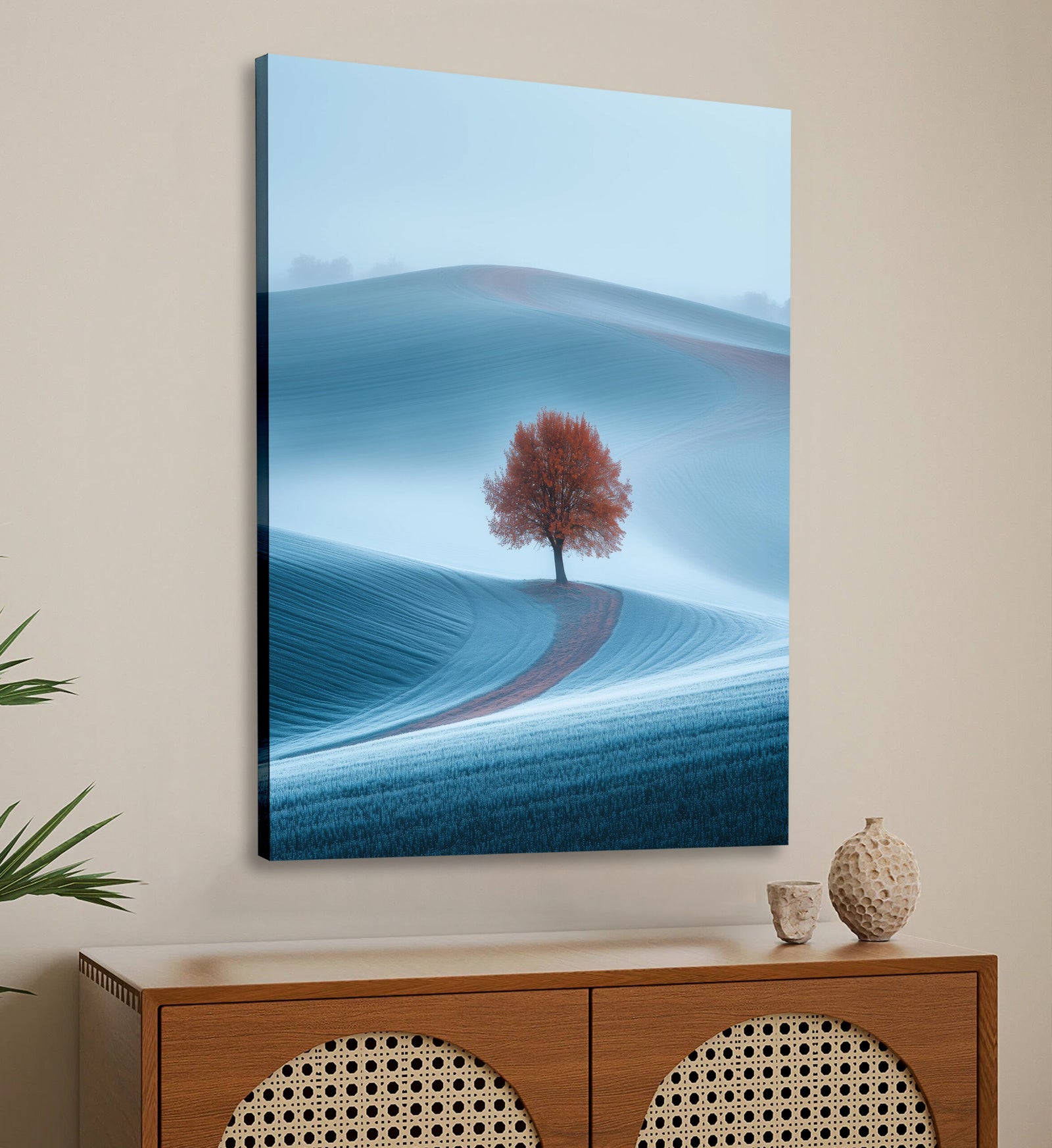 Boho Foggy Field Wall Art with High-Contrast Lone Tree