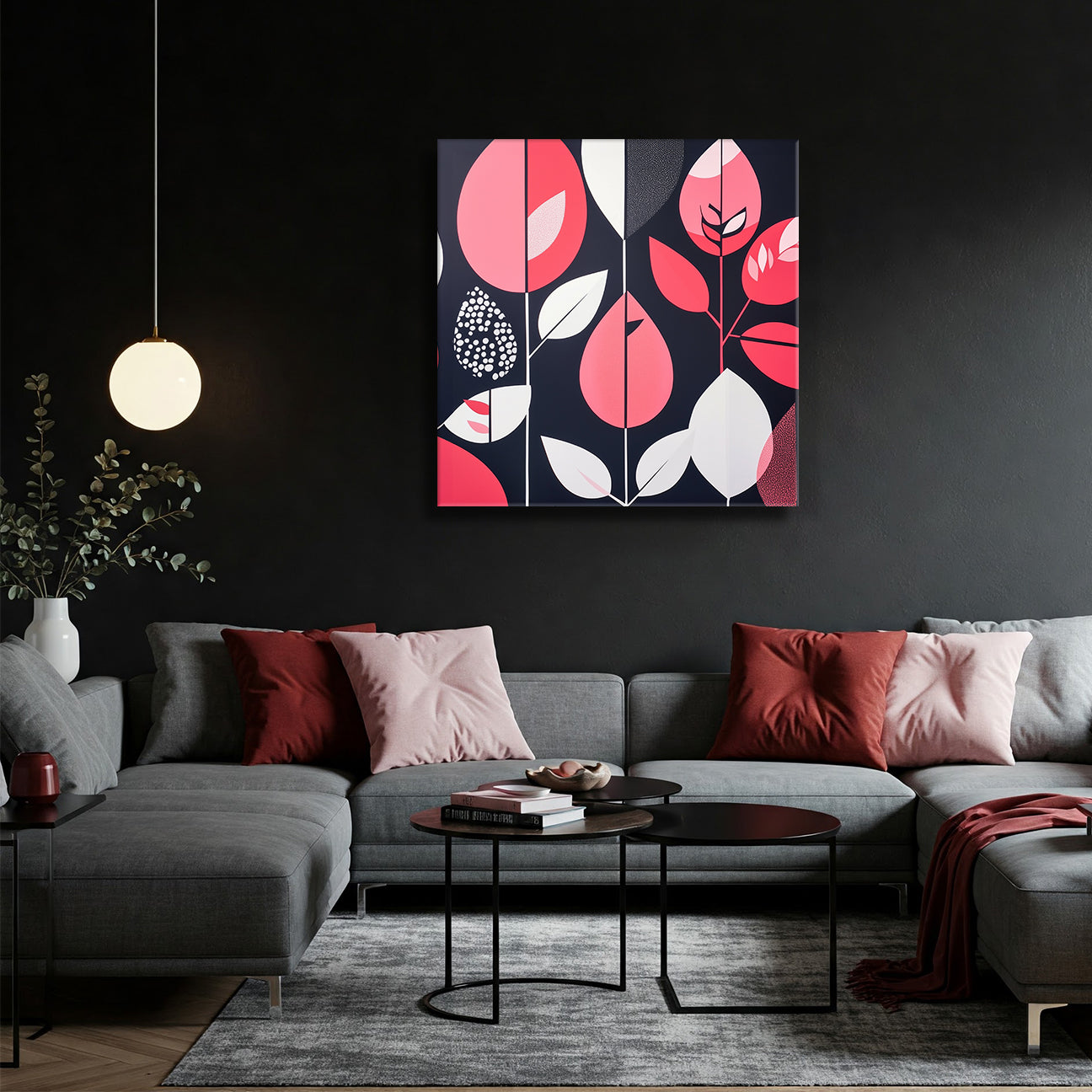 Modern Leaf and Shape Abstract Canvas in Blush and Black