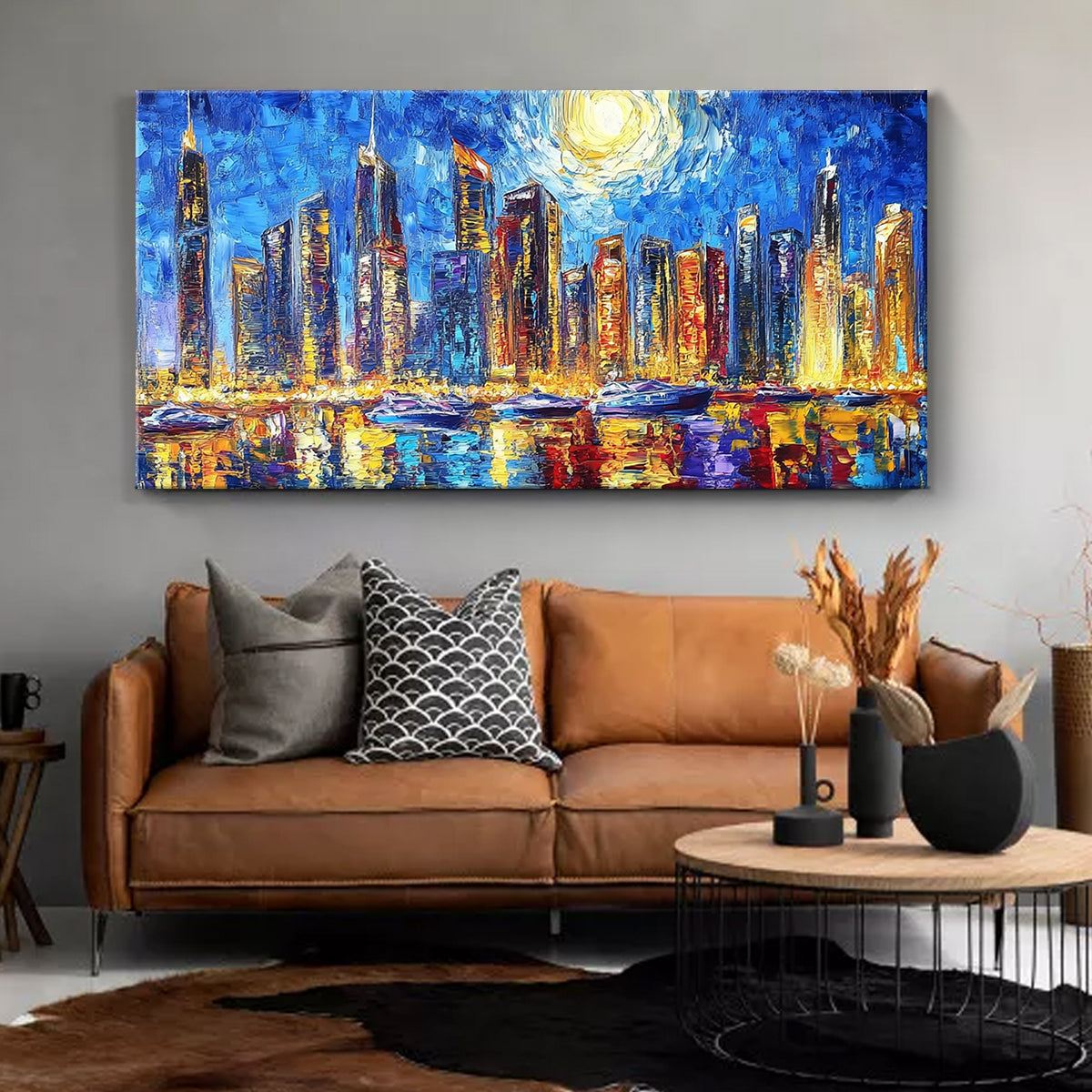 Starry Night Cityscape Abstract Canvas Wall Art