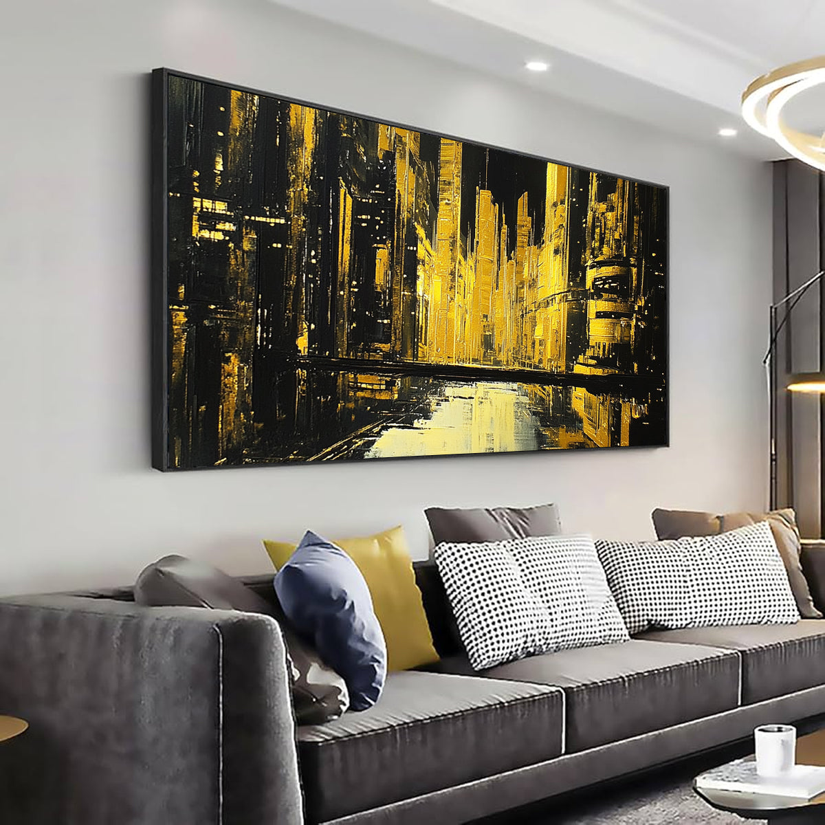 Golden Metropolis Monochromatic Abstract Canvas Wall Art