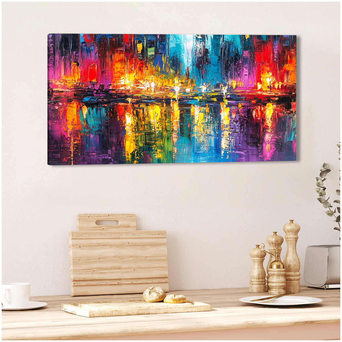 Radiant Reflections Cityscape Abstract Canvas Wall Art for Living Room