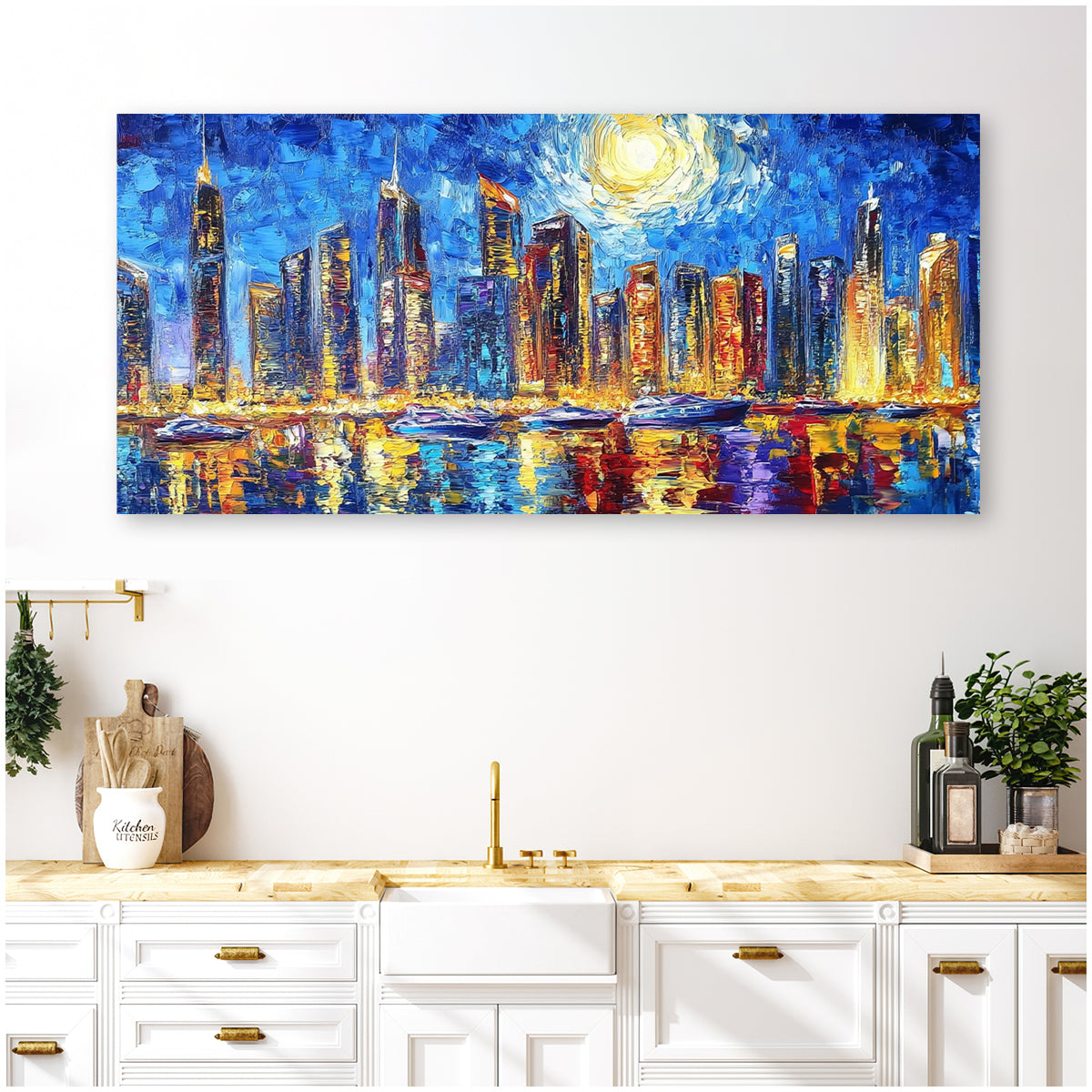 Starry Night Cityscape Abstract Canvas Wall Art