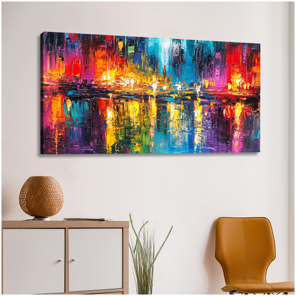 Radiant Reflections Cityscape Abstract Canvas Wall Art for Living Room