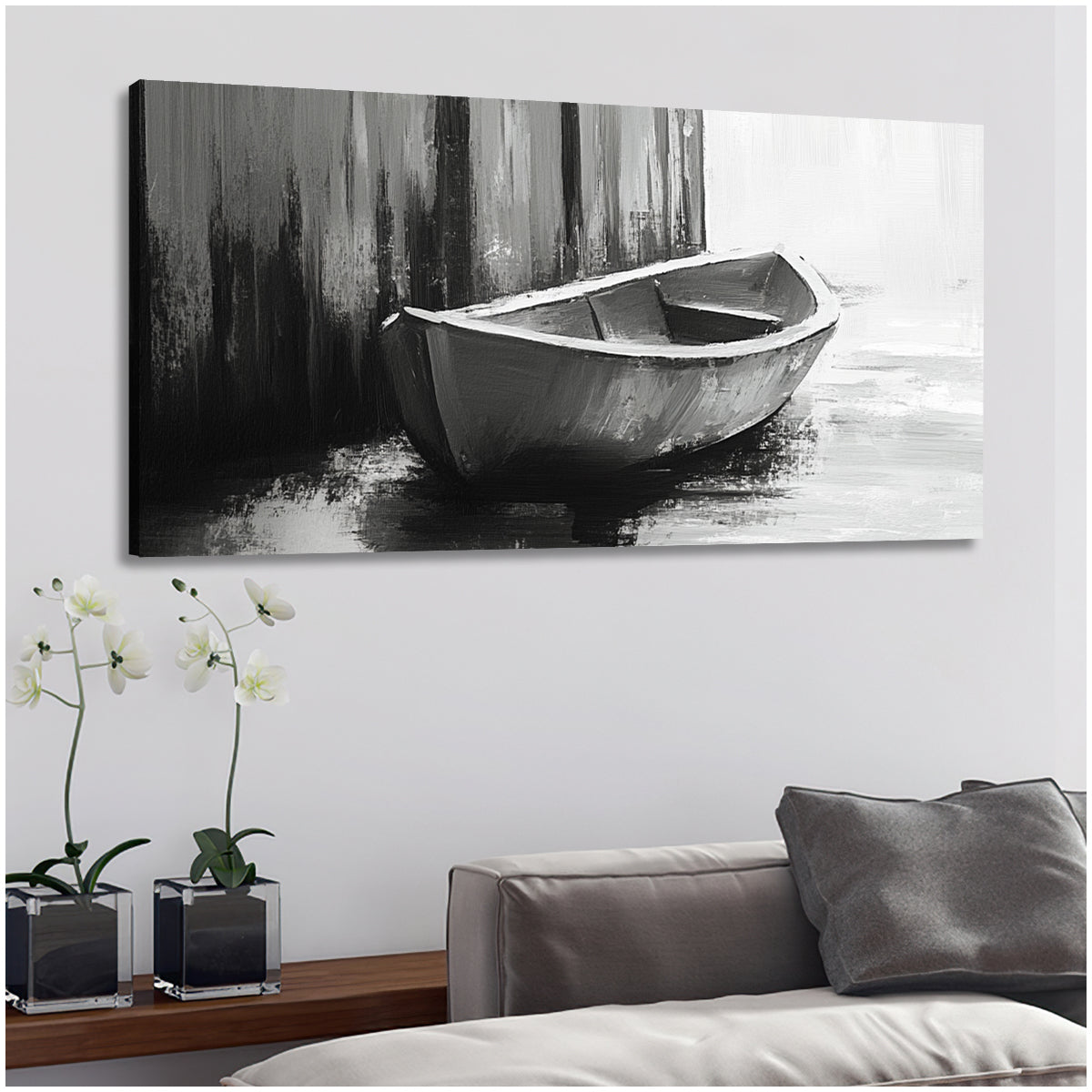 Silent Harbor Monochrome Abstract Canvas Wall Art for Living Room