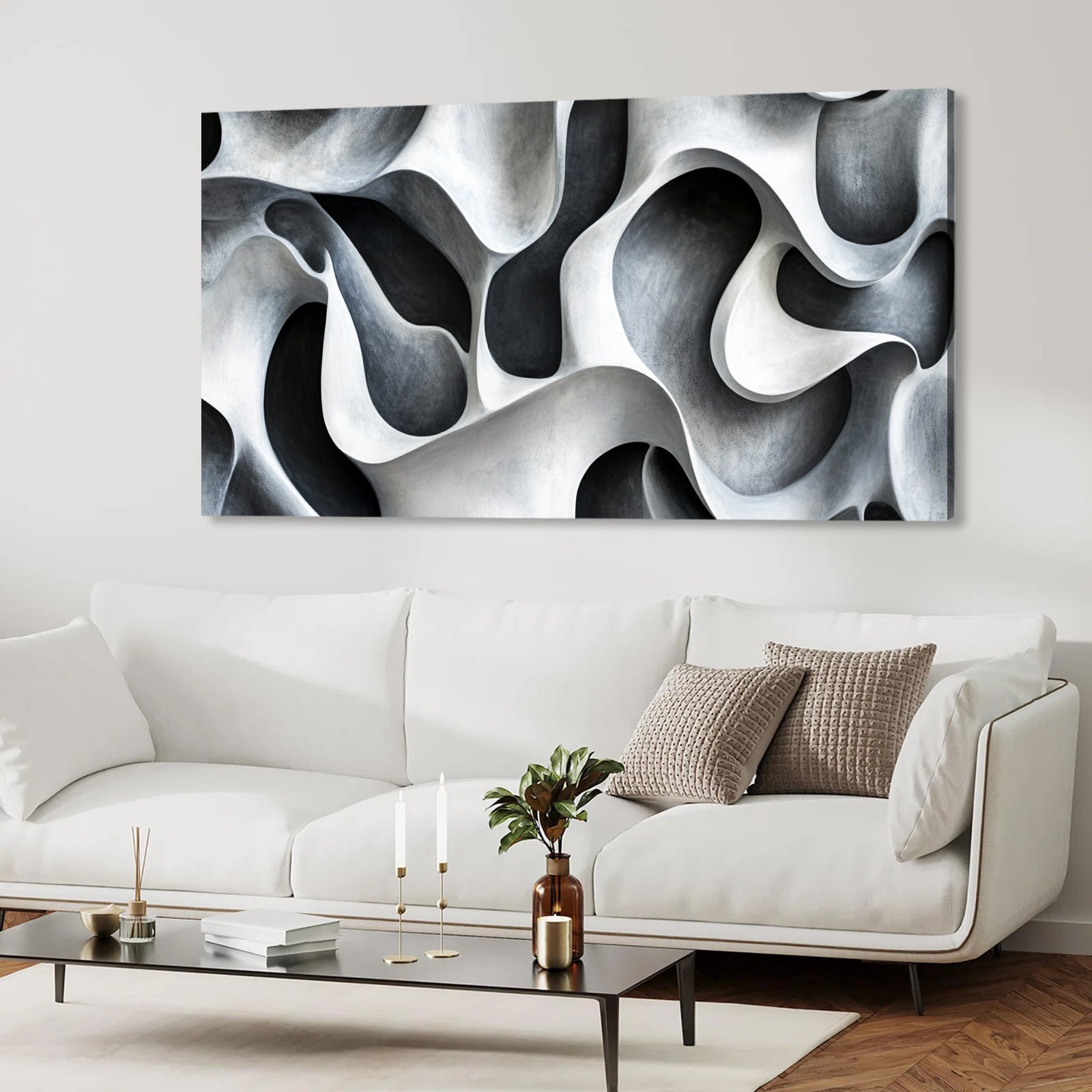 Fluid Forms Monochromatic Abstract Canvas Wall Art for Living Room
