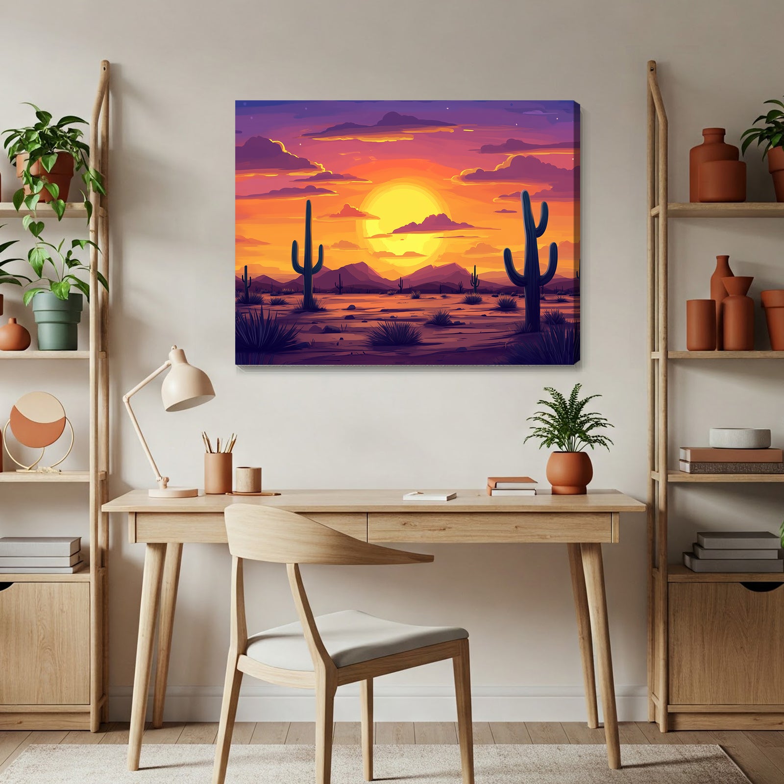 Boho Cactus Sunset Canvas Art for Desert Wall Decor