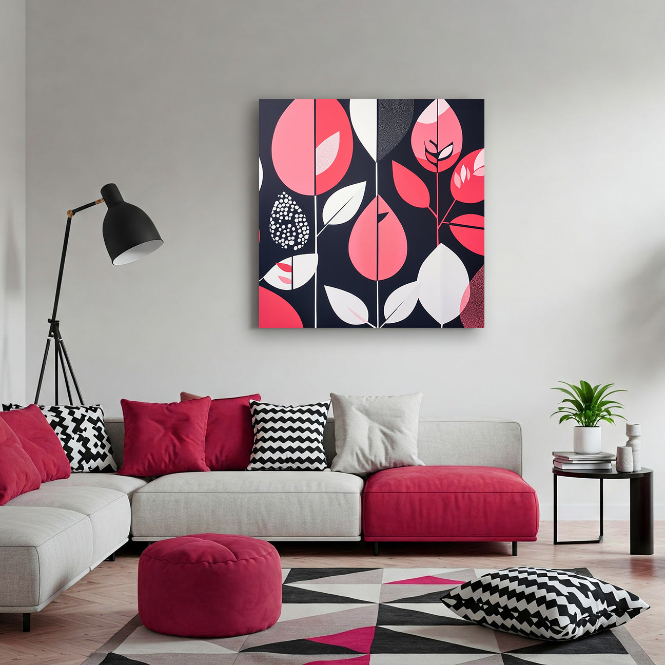 Modern Leaf and Shape Abstract Canvas in Blush and Black