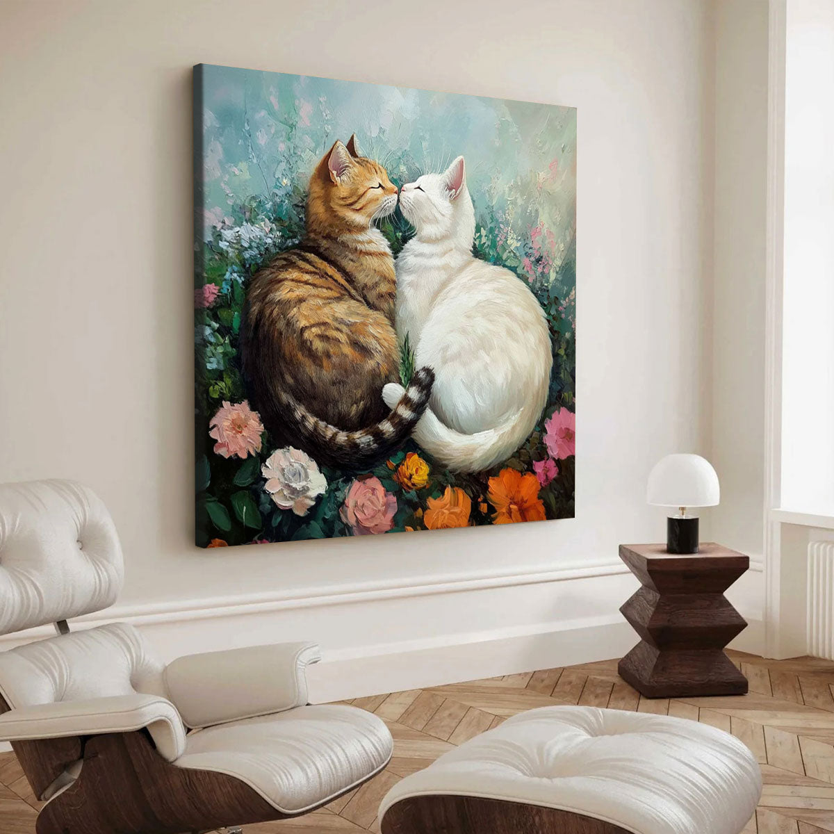 Romantic Cat Duo in Floral Garden – Oil Canvas Wall Art