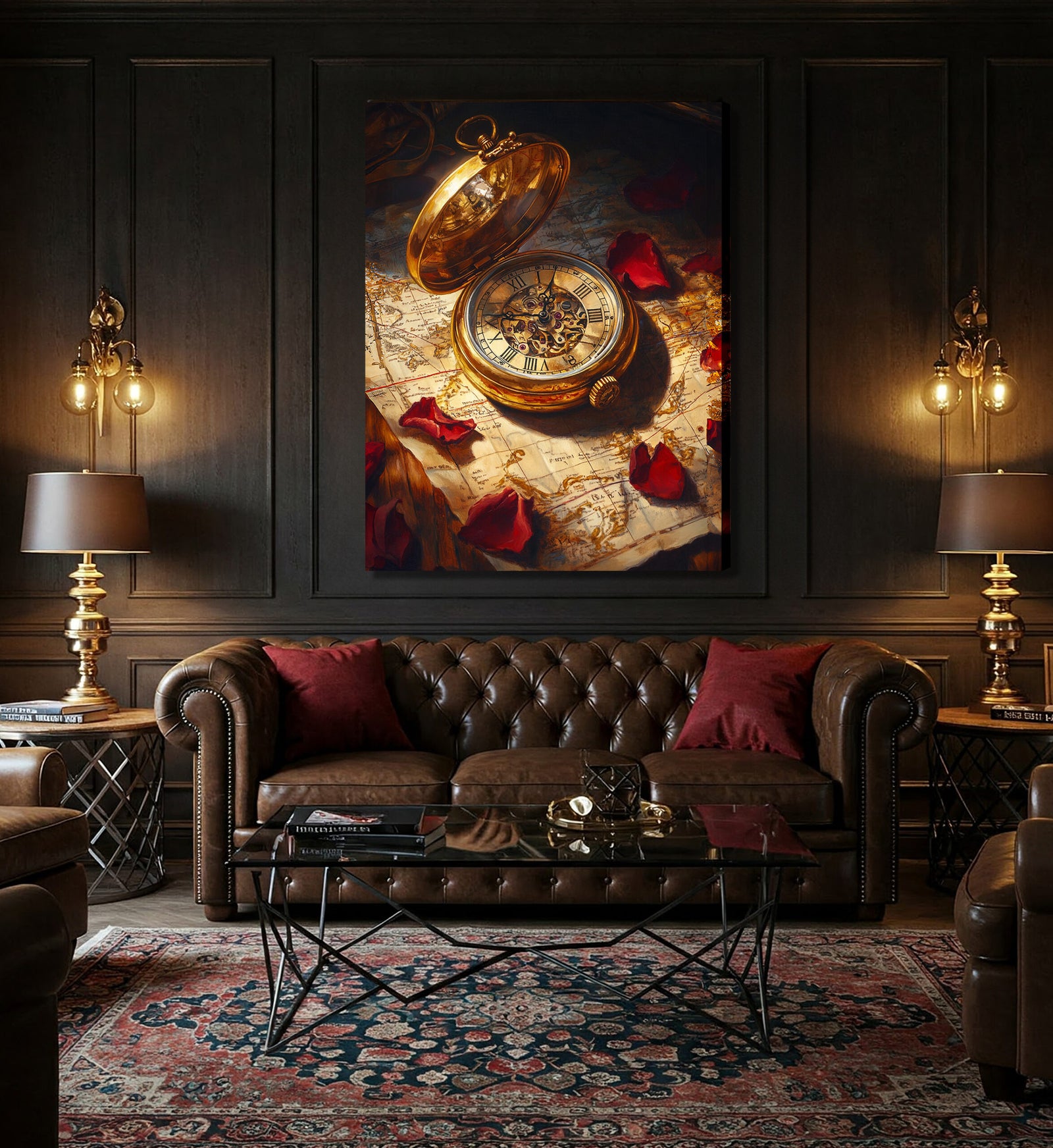 Vintage Pocket Watch and Old Map Oil Painting Canvas Wall Art