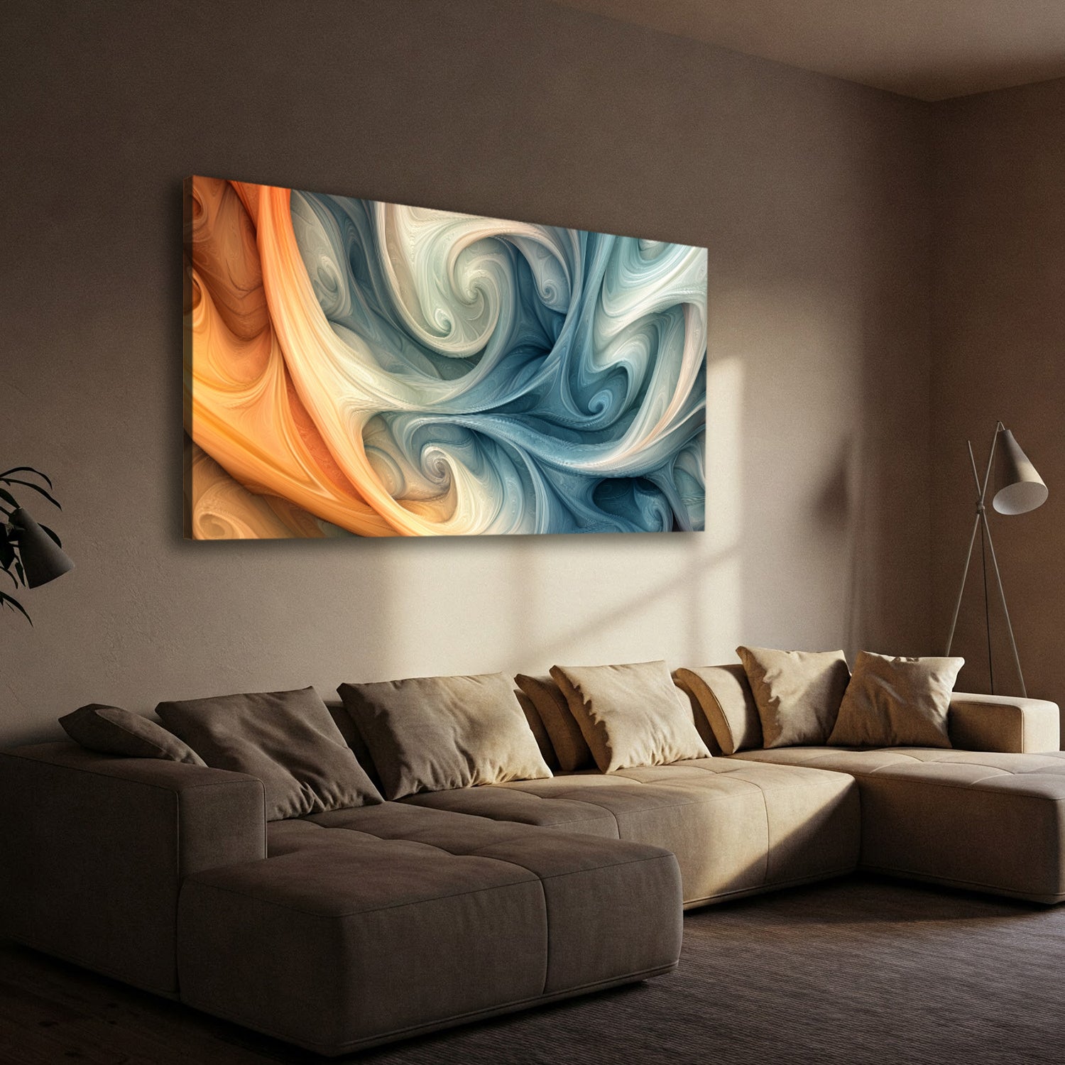 Modern Swirling Abstract Canvas in Cream and Gold Tones